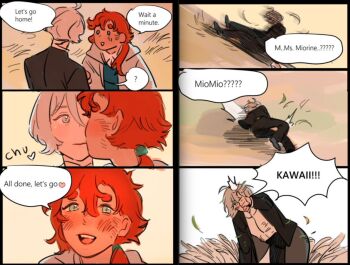 2girls blue_eyes blush fallen_down grass green_hairband grey_eyes gundam gundam_suisei_no_majo hairband kissing_cheek milfcookiesimp miorine_rembran multiple_girls red_hair sequential speech_bubble suletta_mercury thumbs_up white_hair wife_and_wife yuri