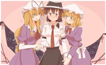 Rule 34 | 3girls, black hat, black skirt, blonde hair, blush, bow, bowtie, breast pocket, breasts, brown eyes, brown hair, closed mouth, collarbone, collared dress, commentary, contrast collar, dress, elbow gloves, frilled dress, frills, gap (touhou), gloves, hair bow, hand on another's arm, hat, hat bow, hat ribbon, heart, highres, holding another's wrist, holding hands, juliet sleeves, long hair, long sleeves, maribel hearn, medium hair, mob cap, multiple girls, neck ribbon, necktie, open mouth, pocket, puffy sleeves, purple dress, red bow, red bowtie, red necktie, red ribbon, ribbon, sash, shirt, shirt tucked in, short sleeves, sidelocks, skirt, sleeve cuffs, sleeve garter, standing, sweatdrop, tie clip, touhou, unagi sango, usami renko, waist bow, whispering, white bow, white gloves, white hat, white sash, white shirt, yakumo yukari, yellow eyes, yuri