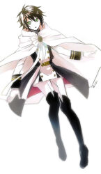 Rule 34 | 1boy, belt buckle, black coat, black collar, black footwear, black hair, boots, bow, bowtie, brooch, buckle, cape, coat, collar, collared cape, collared shirt, commentary request, full body, gold belt, green eyes, hair between eyes, high collar, hyakuya yuuichirou, jewelry, knee boots, long sleeves, male focus, nishikiori, open clothes, open coat, oversized clothes, owari no seraph, pants, parted lips, shirt, short hair, simple background, solo, twitter username, white background, white bow, white bowtie, white cape, white pants, white shirt, white sleeves
