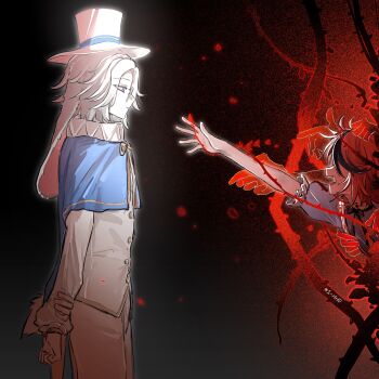 2boys absurdres alice&#039;s_adventures_in_wonderland alice_(alice_in_wonderland) alice_(alice_in_wonderland)_(cosplay) animal_ears aotsuki_eito black_hair black_ribbon blue_cape blue_eyes blue_shirt cape chinese_commentary closed_mouth commentary_request cosplay disembodied_hand expressionless eyelashes frilled_sleeves frills glasses hand_on_own_arm hat highres i-hhdheheda long_sleeves lop_rabbit_ears male_focus multicolored_hair multiple_boys neck_ribbon neck_ruff open_mouth pants plant puffy_short_sleeves puffy_sleeves rabbit_boy rabbit_ears rabbit_tail reaching reaching_towards_viewer red_hair ribbon shirt short_hair short_sleeves streaked_hair sumino_takumi tail the_hundred_line_-last_defense_academy- thorns two-tone_hair variant_set vines white_hat white_pants white_rabbit_(alice_in_wonderland) white_rabbit_(alice_in_wonderland)_(cosplay) white_ribbon white_shirt