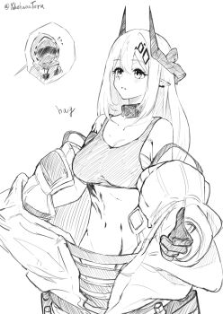 1girl 1other arknights bare_shoulders blush breasts cleavage collarbone commentary_request cowboy_shot crop_top doctor_(arknights) ear_piercing flying_sweatdrops gloves greyscale hair_between_eyes hatching_(texture) highres horns infection_monitor_(arknights) jumpsuit linear_hatching long_hair material_growth medium_breasts midriff monochrome mudrock_(arknights) mudrock_(elite_ii)_(arknights) navel off_shoulder oripathy_lesion_(arknights) parted_lips piercing pointy_ears simple_background sketch sleeveless standing twitter_username white_background yakehanateru