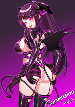 absurdres ass black_hair corruption gloves grabbing_own_ass head_wings highres latex latex_gloves leiva liberator_azarin_(exs-tia) microskirt new_game! non-web_source ponytail skirt tail takimoto_hifumi thighhighs unusual_pupils wings