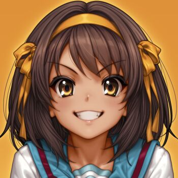 Rule 34 | 1girl, absurdres, blue sailor collar, brown eyes, brown hair, collarbone, commentary, cropped, english commentary, grin, hair ribbon, hairband, highres, looking at viewer, portrait, rahime, ribbon, sailor collar, school uniform, serafuku, simple background, smile, solo, suzumiya haruhi, suzumiya haruhi no yuuutsu, yellow background, yellow hairband, yellow ribbon