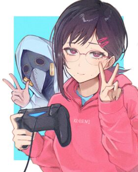 1boy 1girl black_hair chainsaw_man closed_mouth controller game_controller glasses higashiyama_kobeni highres holding holding_controller holding_game_controller hood hood_up hoodie looking_at_viewer mole mole_under_eye mole_under_mouth pink_hoodie plague_doctor_mask purple_eyes red-framed_eyewear sakuranuts00 semi-rimless_eyewear single_sidelock sweat v w