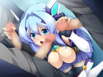 1girl 3boys blue_eyes blue_hair blush breasts breasts_out censored chest_jewel detached_sleeves double_handjob exs-tia exs-tia_(exs-tia_1) fellatio fingerless_gloves game_cg gangbang gloved_handjob gloves group_sex handjob hetero inoino katsuragi_marina kneeling kouyoku_senki_exs-tia large_breasts large_variant_set long_hair magical_girl mosaic_censoring multiple_boys nipples non-web_source official_art open_mouth oral penis skirt solo_focus thighhighs variant_set