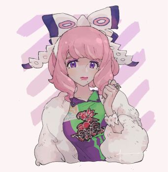 1girl bow breasts collarbone collared_shirt commentary_request cropped_torso dadadadadaist drill_hair drill_sidelocks eyeshadow flipped_hair fur_jacket hair_bow hairband hand_up highres jacket klara_(pokemon) makeup medium_breasts mole mole_under_mouth nintendo pink_eyeshadow pink_hair pink_lips pokemon pokemon_swsh print_shirt purple_eyes shirt short_hair sidelocks solo two-tone_shirt white_bow white_hairband