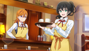 2girls :d alternate_hairstyle apron black_hair cafe coffee_pot collared_shirt commentary_request counter cup dress dress_shirt furrowed_brow gradient_hair green_eyes green_hair grey_dress highres holding holding_tray in-franchise_crossover indoors korean_commentary lamp long_sleeves looking_at_viewer love_live! love_live!_nijigasaki_high_school_idol_club love_live!_superstar!! medium_hair multicolored_hair multiple_girls neck_ribbon nijigasaki_school_uniform open_mouth orange_hair pinafore_dress ponytail purple_eyes red_ribbon ribbon school_uniform shibuya_kanon shirt sleeveless sleeveless_dress smile takasaki_yu tray upper_body waitress white_shirt yellow_apron yuigaoka_school_uniform yumel_lot