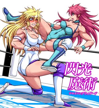 1girl 2girls aqua_leotard beauty_ichigaya blonde_hair blush boots breasts drill_hair flying_kick highres kicking knee_pads large_breasts leotard lipstick long_hair makeup medium_breasts mighty_yukiko multiple_girls one_eye_closed open_mouth pink_hair purple_eyes sweat taroimo_(00120014) thigh_boots white_leotard wrestle_angels wrestler wrestling wrestling_boots wrestling_outfit wrestling_ring