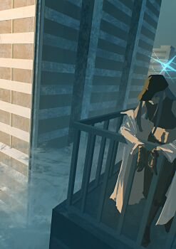1girl absurdres against_railing baseball_cap black_gloves black_hat blue_archive blue_hair blue_halo building coat coat_partially_removed commentary crop_top english_commentary gloves halo hat highres kani_etizen03 long_hair on_rooftop railing saori_(blue_archive) scenery skyscraper solo white_coat