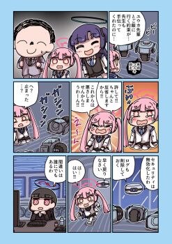 +_+ 2girls ^_^ black_hair blue_archive closed_eyes commentary_request computer_keyboard crying doodle_sensei_(blue_archive) drone halo highres indoors jacket kneeling koyuki_(blue_archive) long_hair monitor multiple_girls nekogou partially_translated pink_hair ringed_eyes rio_(blue_archive) running sad sensei_(blue_archive) speech_bubble tears thighhighs translation_request trash_bag twintails very_long_hair watching white_jacket white_thighhighs yuuka_(blue_archive)