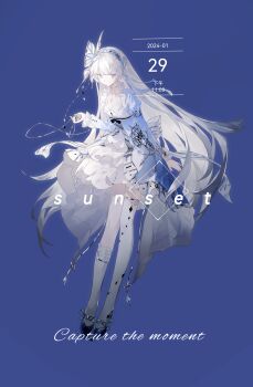 Rule 34 | 1girl, absurdres, artist name, asymmetrical legwear, black bow, blue butterfly, blue eyes, blue ribbon, blunt bangs, bow, breasts, bug, butterfly, butterfly hair ornament, choker, cleavage, closed mouth, dated, dress, frills, gradient hair, hair ornament, hairband, heterochromia, highres, holding, insect, large bow, long sleeves, looking to the side, mismatched legwear, multicolored hair, original, pocket watch, purple background, purple eyes, ribbon, shen a fang, shoes, sidelocks, simple background, skirt, socks, solo, watch, watermark, white bow, white hair, white skirt, white socks