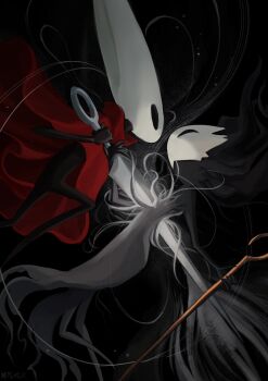1girl 1other arthropod_girl black_eyes black_hair black_skin cloak colored_skin dress face-to-face floating_hair grey_dress highres holding holding_weapon hollow_eyes hollow_knight hollow_knight:_silksong horned_mask hornet_(hollow_knight) horns impaled mask mipexch needle_(hollow_knight) phantom_(hollow_knight) pin_(hollow_knight) red_cloak stab weapon white_mask