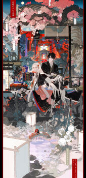 1boy 1girl absurdres artist_name asymmetrical_bangs bandaged_arm bandages black_flower black_hair blunt_bangs branch bridge brown_eyes cherry_blossoms closed_mouth commission couple eteru floral_print flower full_body hair_flower hair_ornament head_rest hetero highres japanese_clothes kimono lamo long_hair long_sleeves looking_at_another looking_at_object mihuashi_commission orange_eyes original outdoors parted_bangs pink_flower red_flower sheath short_hair sitting sword table torii vase very_long_hair watermark weapon white_flower white_hair wide_sleeves