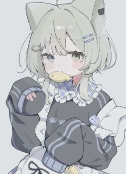 1girl ahoge animal_ears apron bandaid black_sweater blue_eyes blush cat_ears cat_girl food food_in_mouth frills green_eyes green_hair grey_background grey_eyes grey_hair hair_ornament hairclip heterochromia highres iro_iro_iroo long_sleeves looking_at_viewer maid maid_apron mouth_hold original paw_print sidelocks simple_background sleeves_past_fingers sleeves_past_wrists solo sweater unconventional_maid upper_body white_apron