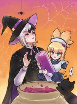 Rule 34 | !, 1boy, 1girl, animal, apron, armband, asagiri gen, black cape, black cat, black cloak, black eyes, black hair, blonde hair, blue eyes, bug, cape, cat, catpaw404, cloak, dr. stone, dress, halloween, halloween costume, hat, highres, holding, holding syringe, kohaku (dr. stone), long sleeves, multicolored hair, nurse, nurse cap, open mouth, short hair, silk, smile, sparkle, spider, spider web, split-color hair, spoken exclamation mark, star (symbol), sweat, syringe, two-tone hair, white hair, witch, witch hat