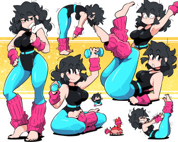 1girl :/ :o ass barefoot belt black_eyes black_hair black_leotard black_nails blush breasts chibi chibi_inset crab crossed_legs curvy english_text exercising female_focus green_hairband grin gymnast_leotard hairband highleg highleg_leotard highres huge_ass large_breasts leaning_forward leg_warmers legs_up leotard looking_at_another looking_at_viewer looking_back lucia_(scott_malin) medium_breasts multicolored_leotard multiple_views nail_polish no_bra open_mouth original pantyhose scott_malin shadow shiny_skin shoes sitting skindentation smile socks standing stretching toes trembling two-tone_leotard wide_hips