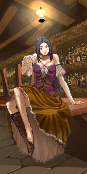 Rule 34 | 1girl, alcohol, arm support, bar (place), bare shoulders, barefoot, barmaid, beer, blue eyes, blue hair, boots, breasts, cleavage, commentary request, corset, crossed legs, cup, dragon quest, dragon quest ix, drinking glass, holding, holding cup, large breasts, legs, long hair, revision, ruida, sakamoto kengo, shoes, shot glass, single shoe, sitting, smile, solo