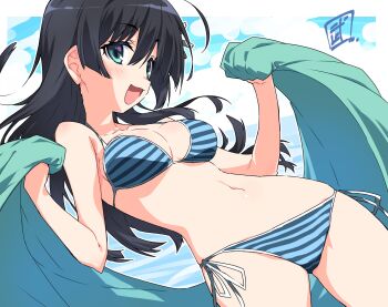 1girl artist_logo bikini black_hair blue_bikini blue_eyes breasts cleavage cowboy_shot flower hair_flower hair_ornament highres logo long_hair medium_breasts saten_ruiko side-tie_bikini_bottom smile solo swimsuit take_shinobu toaru_kagaku_no_railgun toaru_majutsu_no_index towel