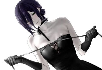 1girl aiomita black_dress black_gloves black_hair black_ribbon chainsaw_man choker closed_mouth cross-laced_clothes cross-laced_dress dress gloves green_eyes hair_between_eyes hair_bun highres looking_at_viewer pulling reze_(chainsaw_man) ribbon ribbon_choker single_hair_bun sleeveless sleeveless_dress smile solo white_background