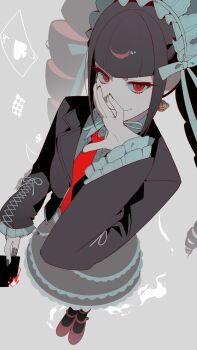 1girl absurdres ace_(playing_card) ace_of_spades anate. black_hair black_jacket black_nails black_skirt blunt_bangs burning card celestia_ludenberg claw_ring closed_mouth covering_own_mouth danganronpa:_trigger_happy_havoc danganronpa_(series) drill_hair earrings fire frilled_jacket frills from_above full_body gothic_lolita grey_background hand_over_own_mouth hand_up highres holding holding_card jacket jewelry lolita_fashion long_sleeves looking_at_viewer nail_polish necktie playing_card red_eyes red_necktie red_shoes shoes skirt smile solo spade_(shape) twin_drills twintails