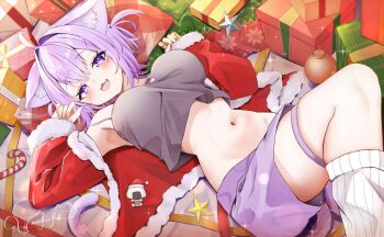 1girl :3 :d ahoge animal_ear_fluff animal_ears armpits box breasts camisole cat_ears cat_girl cat_tail commentary_request crop_top crossed_bangs double-parted_bangs fur-trimmed_jacket fur_trim gift gift_box grey_camisole hair_between_eyes hololive jacket large_breasts looking_at_viewer loose_socks lying navel nekomata_okayu nekomata_okayu_(membership) official_alternate_costume official_alternate_hairstyle on_back on_floor open_mouth purple_eyes purple_hair purple_shorts red_jacket ribbed_socks short_hair short_shorts shorts smile socks solo stomach tail thigh_strap torakichi_888 two_side_up virtual_youtuber white_socks