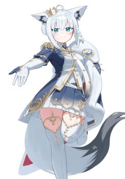 1girl absurdres ahoge animal_ear_fluff animal_ears blush braid bun_with_braided_base cape crown deaver extra_ears fox_ears fox_girl fox_tail fur-trimmed_cape fur_trim gloves gold_crown gold_garter_belt green_eyes hair_between_eyes hair_bun highres hololive hololive_gamers jacket jewelry looking_at_viewer mini_crown multicolored_tail official_alternate_costume pentagram shirakami_fubuki shirakami_fubuki_(fbkingdom) side_braid sidelocks simple_background single_braid skirt smile solo tail thighhighs tilted_headwear virtual_youtuber white_gloves white_hair