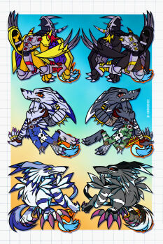 Rule 34 | belt, blackwargreymon, claws, digimon, digimon (creature), garurumon, garurumon (black), highres, horns, red eyes, spikes, tail, wargreymon, weregarurumon, weregarurumon (black), yellow eyes