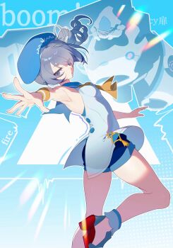 1girl absurdres beret breasts bronya_zaychik chinese_commentary commentary_request cy_fei denim denim_shorts dress drill_hair grey_eyes grey_hair hat highres honkai_(series) honkai_impact_3rd looking_at_viewer medium_hair official_art project_bunny shorts single_drill small_breasts solo thighs white_dress