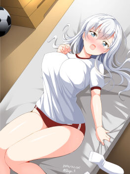 Rule 34 | 1girl, :o, ball, bed sheet, blue eyes, blush, braid, breasts, buruma, commentary request, dated, deego (omochi bazooka), gym uniform, hair between eyes, highres, hisakawa hayate, idolmaster, idolmaster cinderella girls, indoors, large breasts, long hair, looking at viewer, mat, open mouth, red buruma, sheet grab, short sleeves, sidelocks, signature, soccer ball, socks, solo, thighs, unworn socks, variant set, white hair, white socks