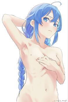 1girl ahoge arm_behind_head arm_up armpits blue_eyes blue_hair blush braid breasts collarbone commentary_request covering_breasts covering_privates crossed_bangs frown hair_between_eyes highres long_braid long_hair looking_to_the_side mushoku_tensei navel nipples nude roxy_migurdia simple_background small_breasts solo tokita_(mag0) twin_braids twitter_username upper_body white_background