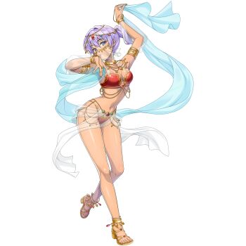 1girl anklet arabian_clothes armlet belly_dancing bikini blue_eyes bracelet bracer breasts circlet dancer dancing dark_skin dolphin_wave game_cg head_chain highres jewelry looking_at_viewer medium_hair mouth_veil non-web_source official_alternate_costume official_art ootomo_takuji ponytail purple_hair red_bikini small_breasts solo souma_hayate swimsuit transparent_background veil