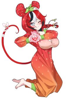 1girl absurdres alternate_breast_size_(larger) animal_ears barefoot black_hair blue_eyes blush bow braid breasts cafelittle cleavage commentary food fruit full_body hakos_baelz hakos_baelz_(strawberry_onesie) heart heart_hands heart_in_eye highres hololive hololive_english hood hooded_pajamas large_breasts looking_at_viewer mouse_ears mouse_girl mouse_tail multicolored_hair official_alternate_costume onesie pajamas red_hair red_pajamas ribbon sleepwear strawberry streaked_hair symbol_in_eye tail tail_ornament tail_ribbon toes transparent_background virtual_youtuber white_hair