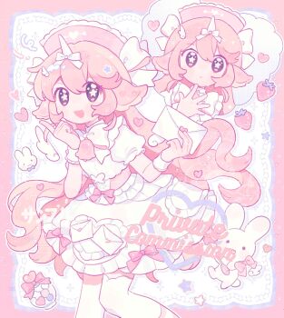 1girl :d border closed_mouth commentary dot_nose double-parted_bangs dress fanqiealxe feet_out_of_frame frilled_hat frilled_wrist_cuffs frills hair_between_eyes hand_up hat highres holding holding_letter horns index_finger_raised letter long_hair looking_at_viewer multiple_views open_mouth original outside_border pink_border pink_eyes pink_hair pink_hat short_sleeves single_horn smile standing symbol-only_commentary thighhighs watermark white_dress white_thighhighs wrist_cuffs