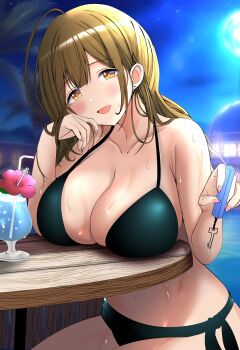 1girl ahoge alternate_costume bare_shoulders bikini black_bikini blush breast_rest breasts breasts_on_table brown_eyes brown_hair cleavage collarbone commentary_request cup hand_on_own_cheek hand_on_own_face highres holding holding_key huge_breasts idolmaster idolmaster_shiny_colors key kuwayama_chiyuki long_hair looking_at_viewer outdoors round_table shingi_(truth_fakesingi) side-tie_bikini_bottom sideboob smile solo swimsuit table wooden_table