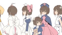 Rule 34 | 6+girls, antenna hair, apron, back bow, blue capelet, blue dress, bow, brown hair, capelet, cardcaptor sakura, chaaarity, dress, flower, from side, green eyes, hair bow, hair flower, hair ornament, highres, holding, holding stuffed toy, kinomoto sakura, looking at viewer, looking to the side, multiple girls, pink bow, pink dress, puffy sleeves, short hair, standing, stuffed animal, stuffed toy, teddy bear, three quarter view, white apron, white bow, white dress
