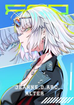1girl bear_boss black_jacket black_shirt blush breasts character_name choker cleavage commentary_request eyewear_on_head fate/grand_order fate_(series) grey_hair highres jacket jeanne_d'arc_alter_(fate) jewelry large_breasts long_sleeves looking_at_viewer necklace shirt short_hair sunglasses yellow_eyes zoom_layer