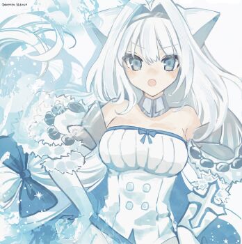 Rule 34 | 1girl, animal ear fluff, animal ears, armor, bare shoulders, blue eyes, blush, bow, breasts, cat ears, cat girl, cat tail, commentary request, detached collar, dobrynya nikitich (fate), dobrynya nikitich (third ascension) (fate), enenenesab, fate/grand order, fate (series), fur trim, hair bow, hairband, hands on own hips, highres, large breasts, long hair, looking at viewer, low-tied long hair, open mouth, solo, tail, upper body, white background, white hair