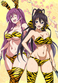 Rule 34 | 2girls, animal ears, animal print, antenna hair, bikini, black hair, blue eyes, branch, branch print, breasts, cleavage, club, club (weapon), collarbone, commentary request, cone horns, cowboy shot, double-parted bangs, fake animal ears, feet out of frame, floating hair, floral print, fur bikini, hair between eyes, hair ribbon, hand on own hip, holding, holding club, holding weapon, horns, infinite stratos, kanabou, kuroda ariake, large breasts, long hair, long sidelocks, looking at viewer, multiple girls, navel, one eye closed, open mouth, orange background, plum blossom print, ponytail, purple eyes, purple hair, rabbit ears, red eyes, ribbon, shinonono houki, shinonono tabane, siblings, sidelocks, sisters, smile, spiked club, split ponytail, stomach, strapless, strapless bikini, swimsuit, thighhighs, tiger print, tiger print bikini, weapon, yellow bikini, yellow thighhighs