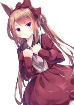 Rule 34 | 1girl, absurdres, animal ears, black sailor collar, blush, bow, bow hairband, braid, braided hair rings, brown hair, casual, closed mouth, commentary request, dress, ear bow, hair rings, hairband, highres, horse ears, horse girl, kanzakietc, long hair, long sleeves, looking at viewer, necktie, pout, purple eyes, purple necktie, red bow, red dress, red hairband, sailor collar, simple background, solo, sweep tosho (casual) (umamusume), sweep tosho (umamusume), twintails, umamusume, white background