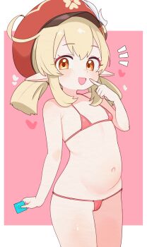 1girl absurdres bikini blonde_hair cameltoe commentary condom condom_wrapper flat_chest genshin_impact hat highres holding holding_condom klee_(genshin_impact) lk149 loli looking_at_viewer micro_bikini open_mouth orange_eyes pink_background pink_bikini pointy_ears red_bikini red_headwear short_hair smile swimsuit two-tone_background white_background