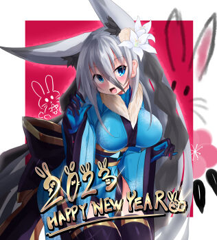 1girl animal_ear_fluff animal_ears black_hair blue_eyes blue_kimono blush braid breasts extra_ears fox_ears fox_girl fox_tail fur-trimmed_kimono fur_trim gloves grey_hair highres japanese_clothes kimono large_breasts long_hair looking_at_viewer monsters_abyss multicolored_hair nagai_wataru new_year obi open_mouth original print_kimono sash shiny_clothes shiron_(monsters_abyss) side_braid smile solo tail thighhighs two-tone_hair very_long_hair