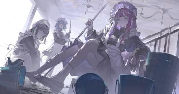 3girls absurdres apron black_dress black_hair blue_eyes blue_hair bucket chandelier cleaning closed_mouth commentary_request dress highres holding holding_mop indoors knees_up long_hair long_sleeves looking_at_viewer maid maid_headdress mo011010 mop multiple_girls original purple_hair sitting spill stack standing waist_apron water white_apron window