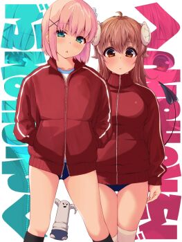 2girls aqua_eyes black_socks bloomers brown_eyes chiyoda_momo chuutaro_metal curled_horns demon_horns demon_tail feet_out_of_frame gym_uniform hair_between_eyes hair_ornament hands_in_pockets horns jacket kneehighs long_hair looking_at_viewer machikado_mazoku multiple_girls over-kneehighs pink_hair red_hair red_jacket short_hair socks standing tail text_background thigh_gap thighhighs thighs track_jacket underwear white_socks x_hair_ornament yoshida_yuuko