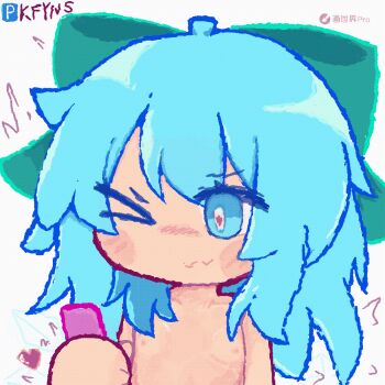 1girl animated animated_gif artist_name blue_eyes blue_hair bow cirno hair_bow ice ice_wings kfyns loli nipples nude one_eye_closed pixiv_logo sex_toy signature solo touhou vibrator wings