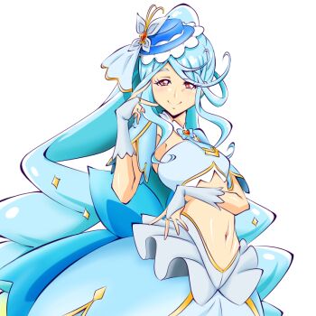 Rule 34 | 1girl, back bow, blue bow, blue bridal gauntlets, blue hair, blue hat, blue skirt, blue tank top, blue theme, bow, bridal gauntlets, butterfly hat ornament, closed mouth, commentary, cowboy shot, cure eclair, dot nose, hat, hat ornament, kogane (staygold), large bow, layered skirt, long hair, looking at viewer, magical girl, meitantei precure!, midriff, mini hat, mini top hat, navel, ponytail, precure, red eyes, shiny skin, sidelocks, simple background, skirt, smile, solo, split mouth, standing, swept bangs, tank top, top hat, white background