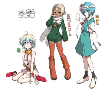 Rule 34 | + +, 3girls, ayanami rei, bare shoulders, blue eyes, blue hair, boots, commentary request, dark-skinned female, dark skin, dress, expressionless, facial mark, flat chest, forehead mark, full body, grey hair, hamao, highres, lal'c mellk mal, light smile, looking at viewer, multiple girls, neon genesis evangelion, nia teppelin, red eyes, scarf, school uniform, short dress, short hair, sitting, sketch, tengen toppa gurren lagann, thigh boots, tokyo-3 middle school uniform, top wo nerae! (series), top wo nerae 2!, white hair, yellow eyes