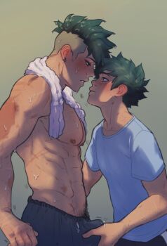 2boys abs age_comparison aged_up alternate_hairstyle boku_no_hero_academia bulge earrings erection erection_under_clothes eye_contact freckles from_side green_hair hand_on_another&#039;s_crotch highres jewelry looking_at_another male_focus midoriya_izuku multiple_boys multiple_scars navel_hair nipples pectorals precum precum_through_clothes pubic_hair pubic_hair_peek scar scar_on_arm selfcest shirt short_hair spacenipnops sweat topless_male towel towel_around_neck undercut white_shirt yaoi