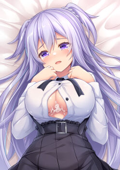 1girl absurdres after_paizuri black_skirt blush breasts button_gap cleavage_cutout clothing_cutout commentary commission covered_erect_nipples cum cum_on_body cum_on_breasts cum_on_upper_body gakusen_toshi_asterisk highres large_breasts long_hair long_sleeves looking_at_viewer on_bed open_mouth oppai_loli pixiv_commission purple_eyes purple_hair shirt skirt solo toudou_kirin underbust wakagi_repa white_shirt