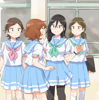 Rule 34 | 4girls, amano shin, black hair, blue eyes, blush, brown hair, commentary, glasses, green neckerchief, hair ornament, hairclip, hibike! euphonium, highres, katou hazuki, kitauji high school uniform, long hair, multiple girls, neckerchief, ogasawara haruka, oumae kumiko, outstretched arms, pantyhose, red neckerchief, school uniform, short hair, short twintails, smile, socks, summer uniform, sweatdrop, tanaka asuka, twintails, white socks