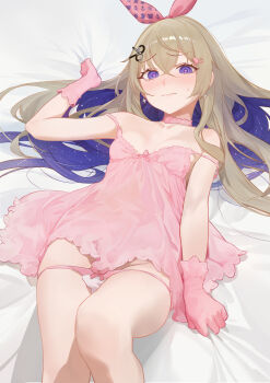 Rule 34 | 1girl, absurdres, amanogawa shiina, bed sheet, blonde hair, blush, bow hairband, breasts, chemise, choker, closed mouth, colored inner hair, commentary, commission, crossed bangs, double-parted bangs, english commentary, gloves, hair between eyes, hairband, heart, heart-shaped pupils, highres, long hair, looking at viewer, lying, multicolored hair, off shoulder, on back, panties, panty pull, phase connect, pink hairband, purple eyes, purple hair, serelith, sheet grab, small breasts, solo, starry hair, symbol-shaped pupils, underwear, virtual youtuber, white chemise, white choker, white gloves, white panties